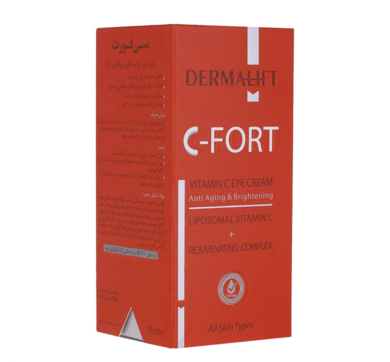 کرم دور چشم درمالیفت مدل C-FORT، حاوی ویتامین C و هیالورونیک اسید، کاهش چین و چروک، تیرگی و پف دور چشم، افزایش استحکام و کشسانی پوست، حجم 15 میلی‌لیتر