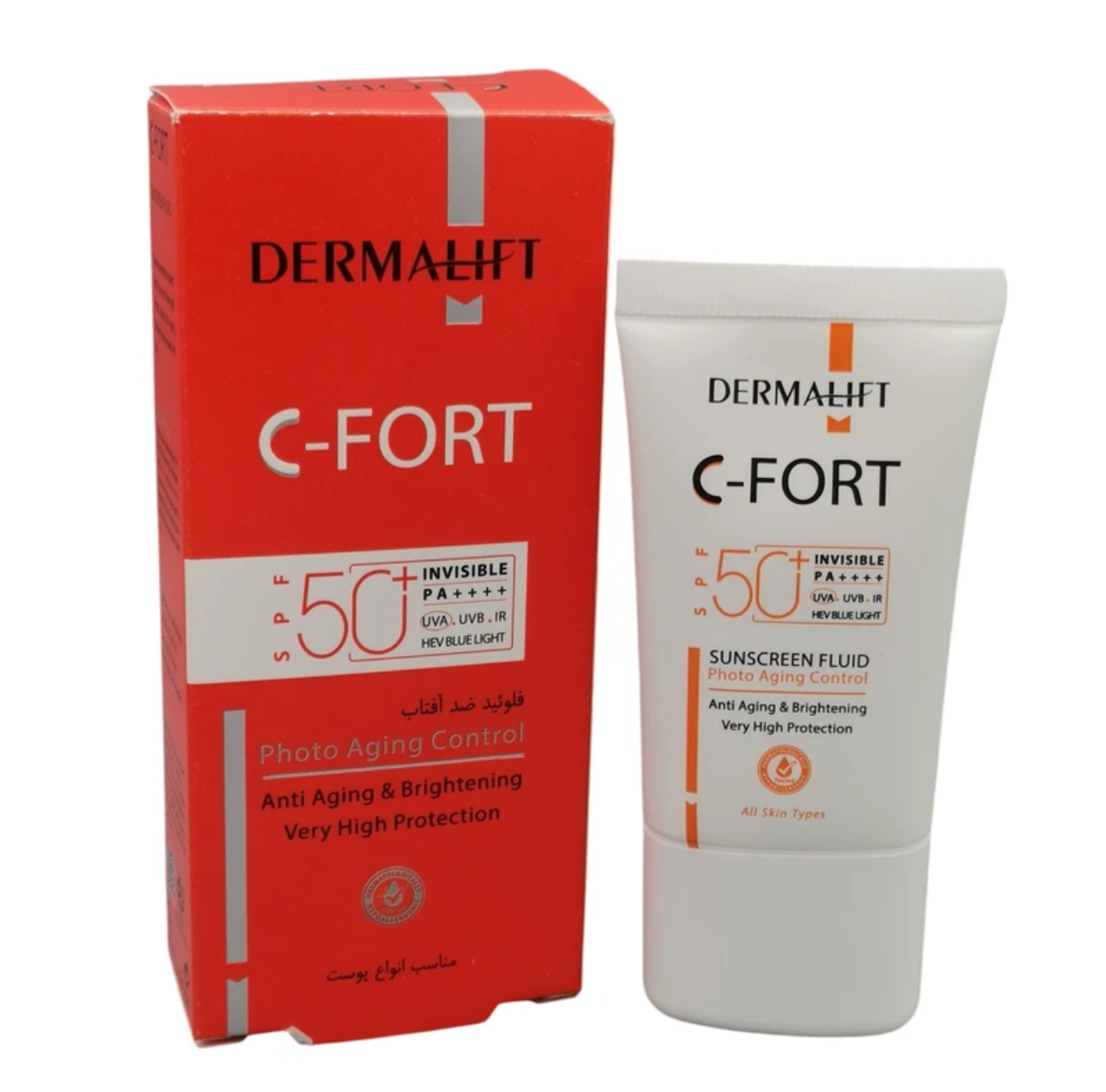 فلوئید ضدآفتاب بی‌رنگ صورت و بدن درمالیفت مدل C-Fort حجم 40 میلی‌لیتر SPF 50 محافظت کامل UVA، UVB و نور آبی، مقاوم در برابر تعریق و شستشو، حاوی ویتامین سی، روشن‌کننده و ضد پیری، مناسب انواع پوست