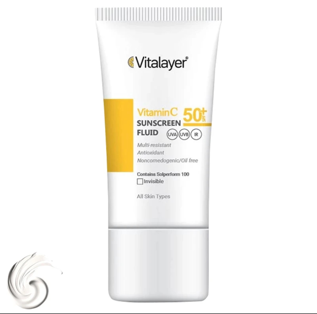 فلوئید ضدآفتاب بی‌رنگ ویتالیر مدل Vitamin C حجم 50 میلی‌لیتر با SPF 50 محافظت‌کننده در برابر UVA و UVB، فرمولاسیون بدون عطر، غیر کومدون‌زا، روشن‌کننده و ضد چروک مناسب انواع پوست