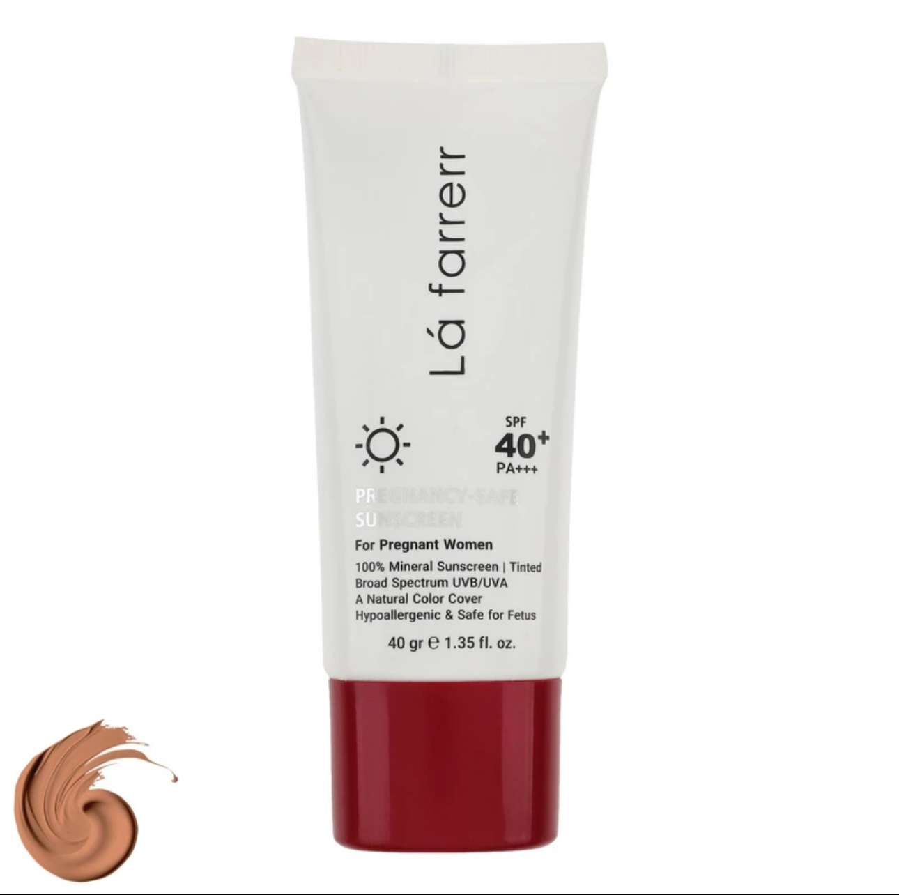 کرم ضدآفتاب رنگی لافارر مدل Pregnant با SPF 40 و +++PA، محافظت‌کننده در برابر UVA و UVB، ضد آب و ضد حساسیت، مناسب انواع پوست و دوران بارداری، حجم 30 میلی‌لیتر