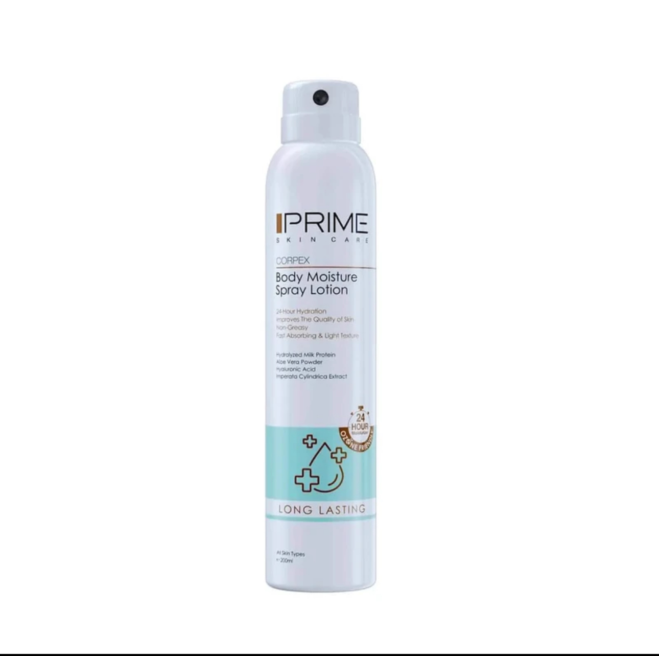 اسپری لوسیون آبرسان بدن پرایم مدل Long Lasting حجم 200 میلی‌لیتر با ماندگاری 24 ساعته، بافت غیرچرب، حاوی آلوئه ورا، عصاره شیر، سدیم هیالورونات و روغن نارگیل، نرم‌کننده و رفع خشکی پوست برای انواع پوست