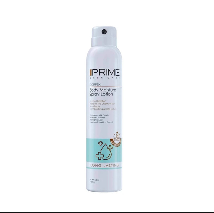 اسپری لوسیون آبرسان بدن پرایم مدل Long Lasting حجم 200 میلیلیتر با ماندگاری 24 ساعته، بافت غیرچرب، حاوی آلوئه ورا، عصاره شیر، سدیم هیالورونات و روغن نارگیل، نرمکننده و رفع خشکی پوست برای انواع پوست