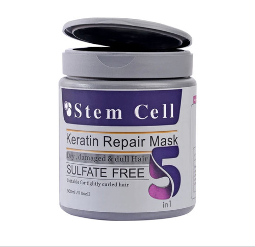 ماسک مو تقویتکننده و مغذی استم سل مدل 5in1 حجم 500 میلیلیتر حاوی روغن آرگان، شی باتر، آلوورا، جوانه گندم و کراتین مناسب موهای خشک، آسیبدیده، فر و وزدار، بدون سولفات، پارابن و مواد مضر، ترمیمکننده و ضد وز
